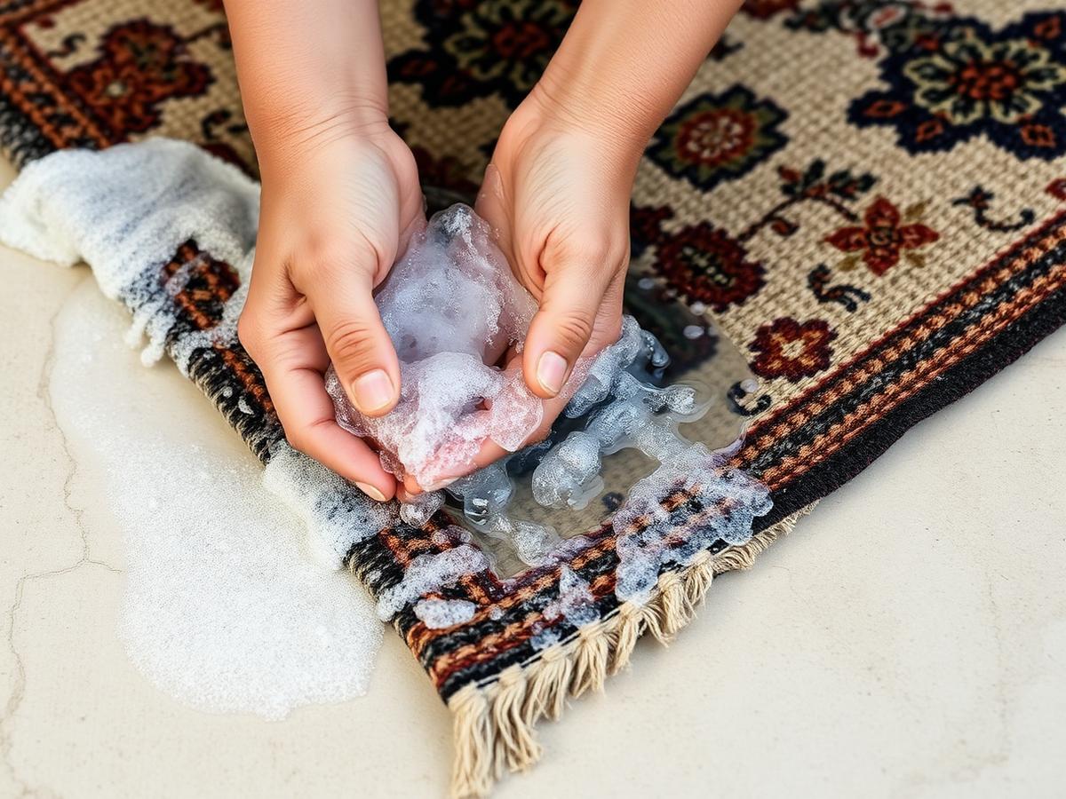 Hands gently washing the edge of a patterned wool rug with cold water and plant-based soap suds