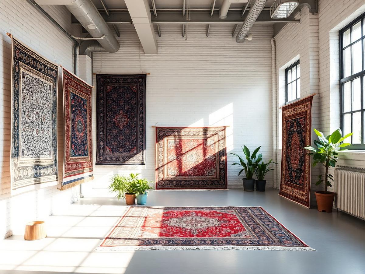 Oriental rugs drying in a bright SoHo workshop with plants and natural daylight